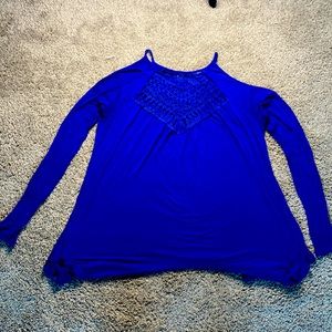 Blue long sleeve shoulder cut out shirt